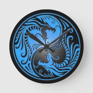 Yin Yang Dragons, blauw en zwart Ronde Klok