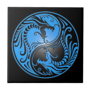 Yin Yang Dragons, blauw en zwart Tegeltje