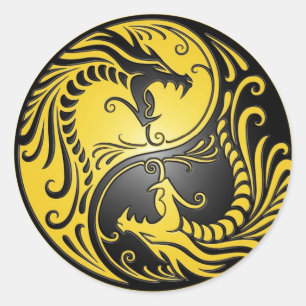 Yin Yang Dragons, geel en zwart Ronde Sticker