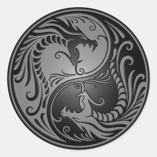 Yin Yang Dragons, grijs en zwart Ronde Sticker (Voorkant)