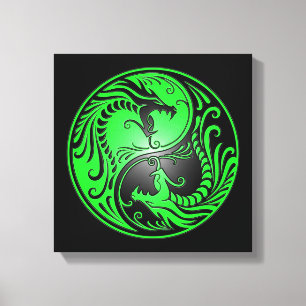 Yin Yang Dragons, groen en zwart Canvas Afdruk