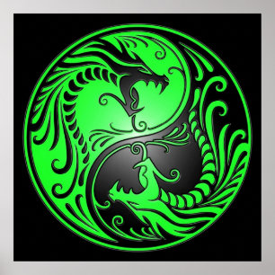 Yin Yang Dragons, groen en zwart Poster