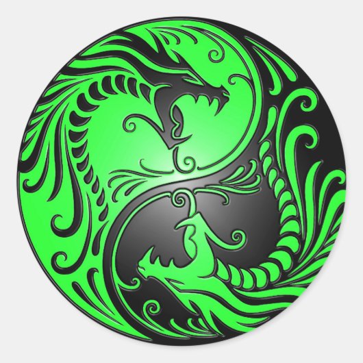 Yin Yang Dragons, groen en zwart Ronde Sticker (Voorkant)