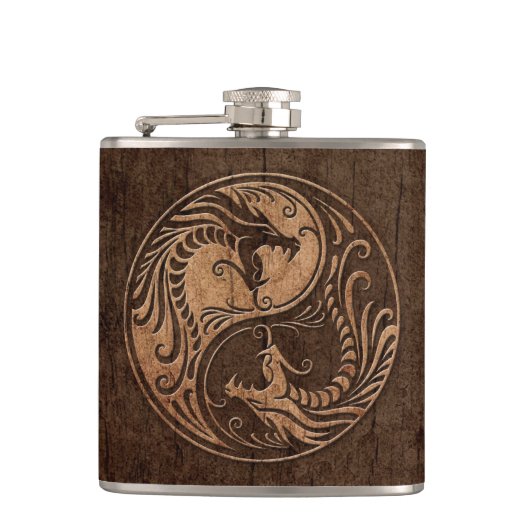 Yin Yang Dragons met een houten korreleffect Heupfles (Voorkant)