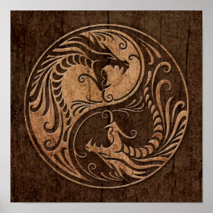 Yin Yang Dragons met een houten korreleffect Poster