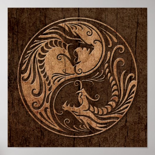 Yin Yang Dragons met een houten korreleffect Poster (Voorkant)