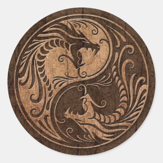 Yin Yang Dragons met een houten korreleffect Ronde Sticker (Voorkant)