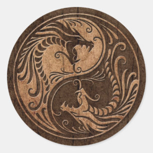 Yin Yang Dragons met een houten korreleffect Ronde Sticker