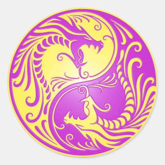 Yin Yang Dragons, paars en geel Ronde Sticker (Voorkant)