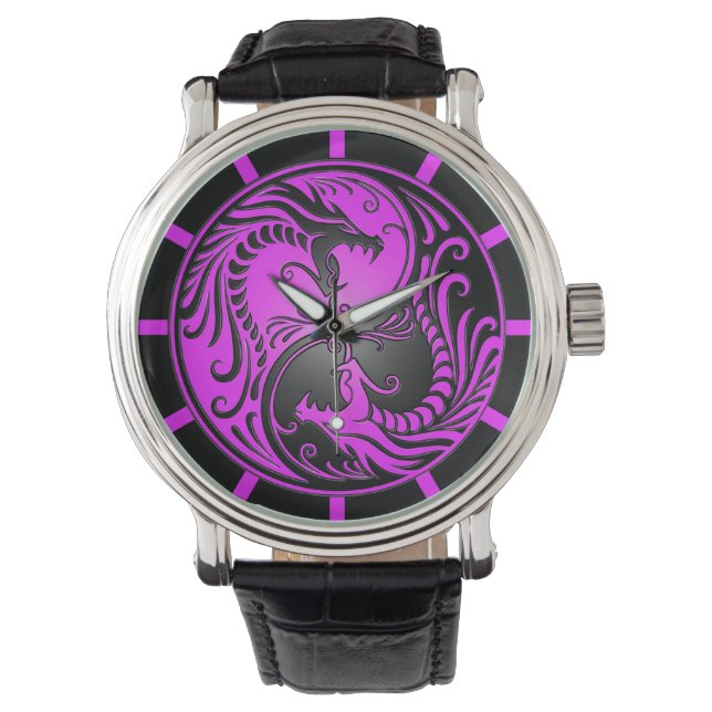 Yin Yang Dragons, paars en zwart Horloge (Voorkant)