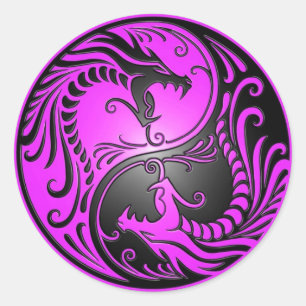 Yin Yang Dragons, paars en zwart Ronde Sticker
