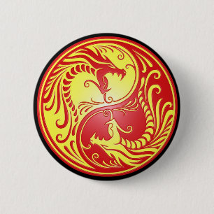 Yin Yang Dragons, rood en geel Ronde Button 5,7 Cm