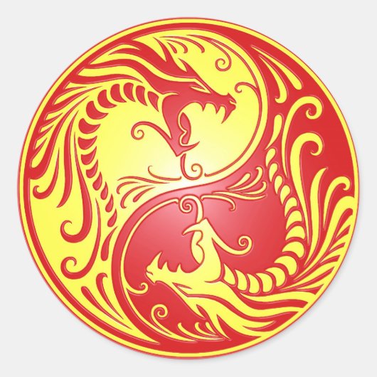 Yin Yang Dragons, rood en geel Ronde Sticker (Voorkant)