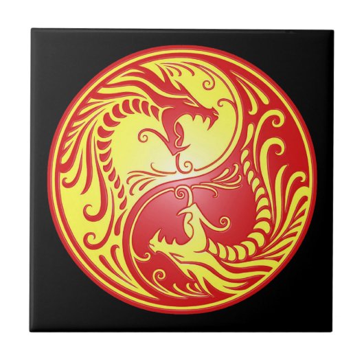 Yin Yang Dragons, rood en geel Tegeltje (Voorkant)