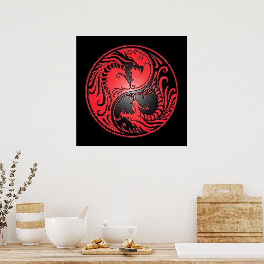Yin Yang Dragons, rood en zwart Poster (Keuken)