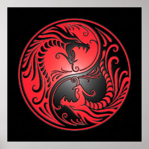 Yin Yang Dragons, rood en zwart Poster