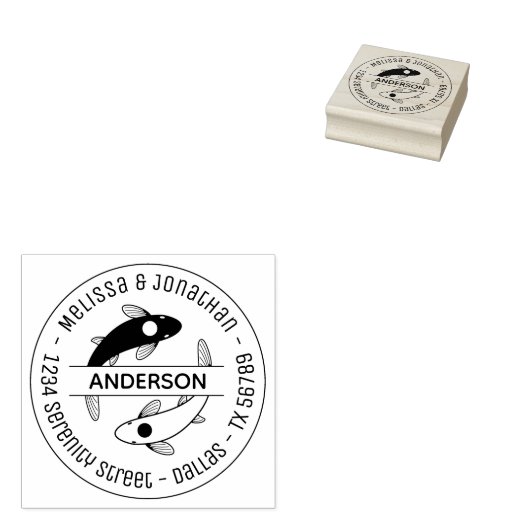 Yin-Yang Fish Couple Family Round Address 3 Rubberstempel (Gestempeld)