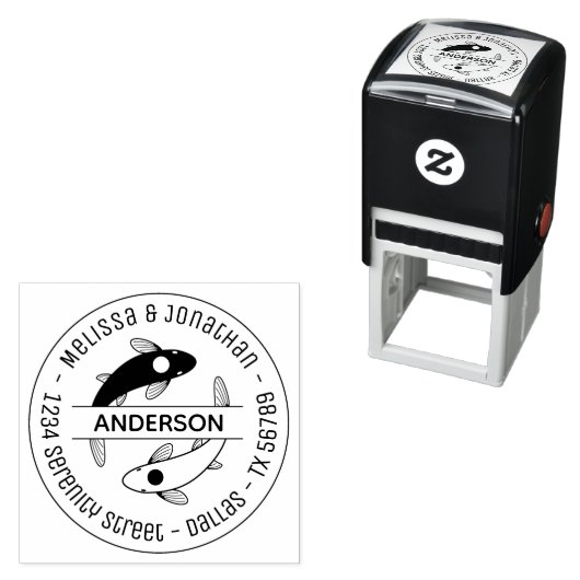 Yin-Yang Fish Couple Family Round Address 4 Zelfinktende Stempel (In situ)