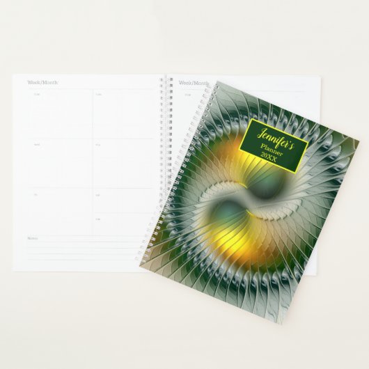 Yin Yang Green Yellow Abstract Fractal Own Name Planner (Display)
