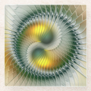 Yin Yang Groen Geel Abstract Kleurrijke Fractal Glazen Onderzetter