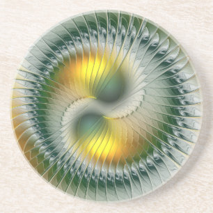 Yin Yang Groen Geel Abstract Kleurrijke Fractal Zandsteen Onderzetter