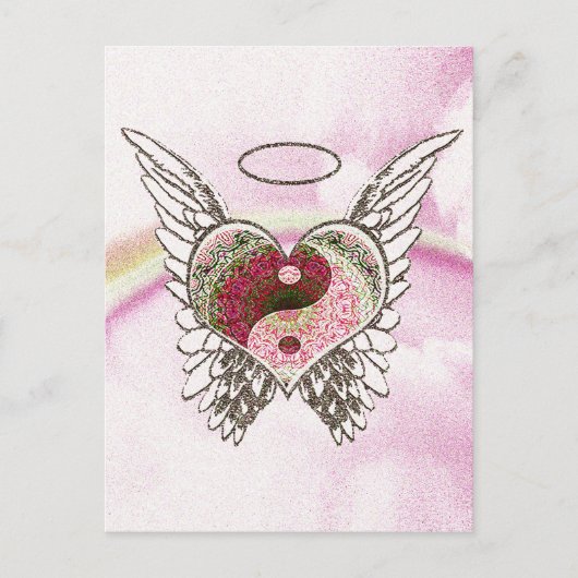 Yin Yang Heart Angel Wings Waterverf Briefkaart (Voorkant)
