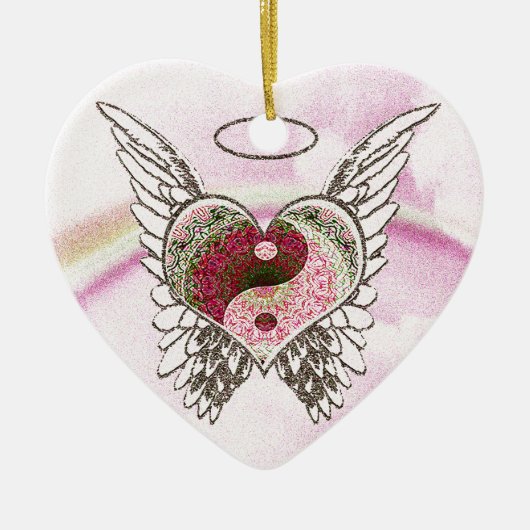 Yin Yang Heart Angel Wings Waterverf Keramisch Ornament (Voorkant)