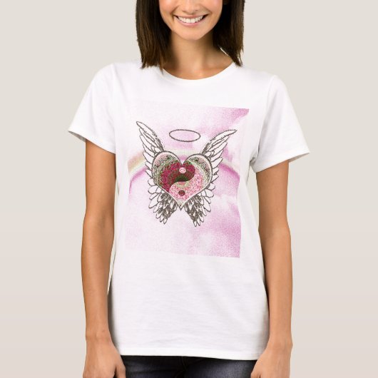 Yin Yang Heart Angel Wings Waterverf T-shirt (Voorkant)