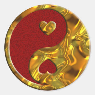 Yin & Yang / Hearts gold   donkerrode spier Ronde Sticker