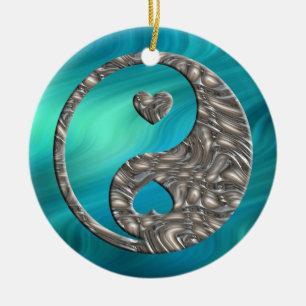 Yin & Yang / Hearts SILVER Blauwgolven Keramisch Ornament