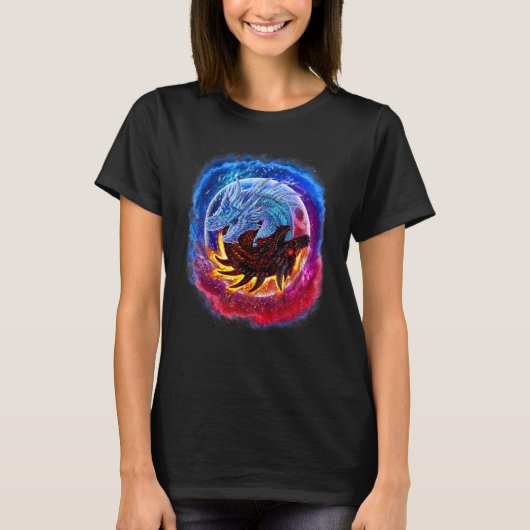 Yin Yang Ice en Fire Dragon in Space T-shirt (Voorkant)