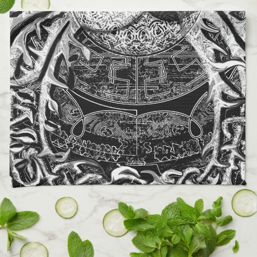 Yin Yang in Black and White met Tree of Life Theedoek (Gevouwen)