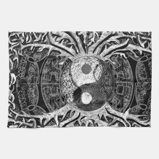 Yin Yang in Black and White met Tree of Life Theedoek (Horizontaal)