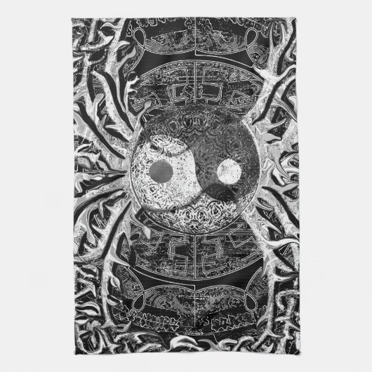 Yin Yang in Black and White met Tree of Life Theedoek (Verticaal)
