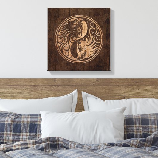 Yin Yang Katten met Houten Korreleffect Canvas Afdruk (Insitu (Slaapkamer))