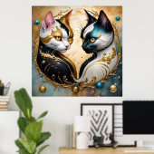 Yin-Yang katten met magische kosmische elementen Poster (Thuiskantoor)