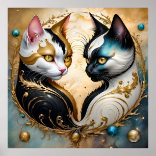 Yin-Yang katten met magische kosmische elementen Poster