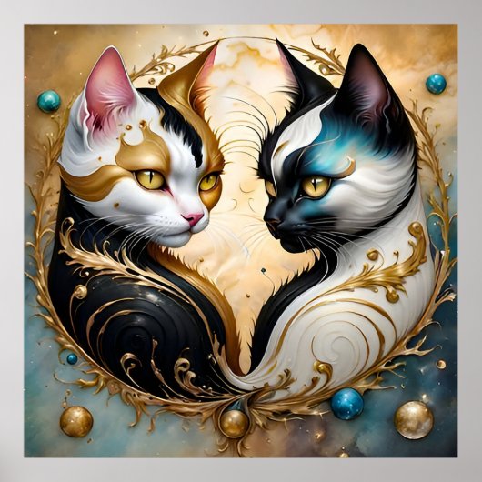 Yin-Yang katten met magische kosmische elementen Poster (Voorkant)