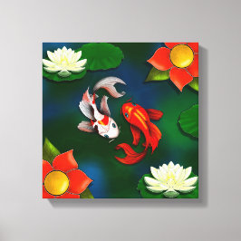 Yin Yang Koi Red Flower White Lotus Lily Pad Pond Canvas Afdruk