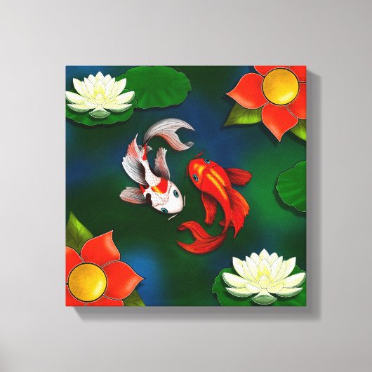 Yin Yang Koi Red Flower White Lotus Lily Pad Pond Canvas Afdruk (Voorkant)