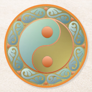 Yin Yang Medallion Gold Turquoise Ronde Kartonnen Onderzetter