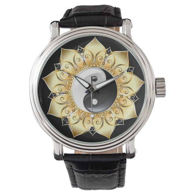 Yin Yang met gouden lotusbladen Horloge (Voorkant)
