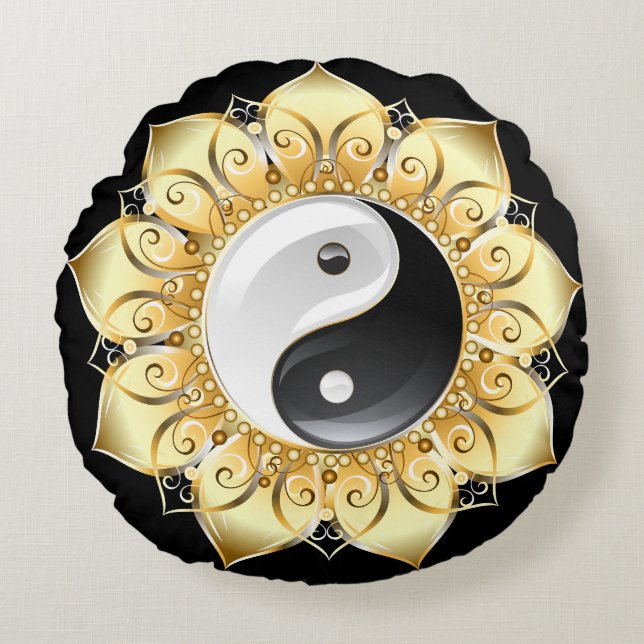 Yin Yang met gouden lotusbladen Rond Kussen (Voorkant)