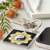 Yin Yang met gouden lotusbladen Sleutelhanger (Voorkant Rechts)