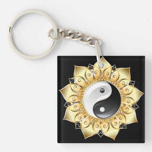 Yin Yang met gouden lotusbladen Sleutelhanger (voorkant)