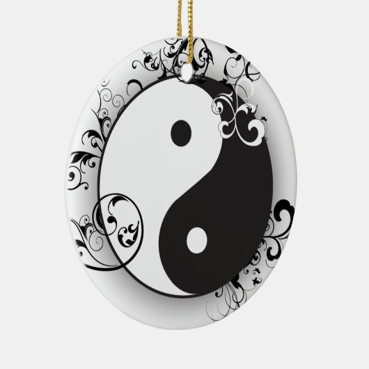Yin & Yang met zwarte scrollers Keramisch Ornament (Rechts)