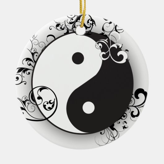 Yin & Yang met zwarte scrollers Keramisch Ornament (Voorkant)