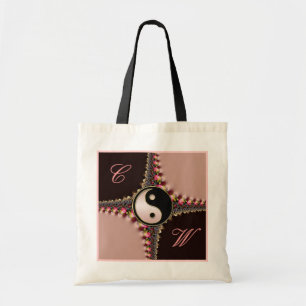 Yin Yang Monogram Pink+Black Fractal Lace Bag Tote Bag