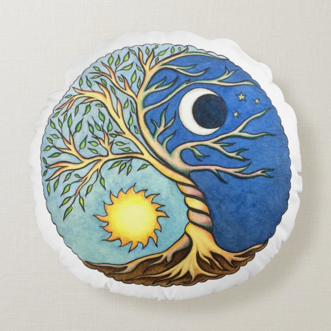 Yin-Yang Moon and Sun Rond Kussen (Voorkant)