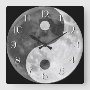 Yin Yang Moon Elegant Numbers Black en White Vierkante Klok